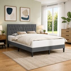 Velvet Bed Frame with Headboard in Dark Grey 137 x 190 cm
