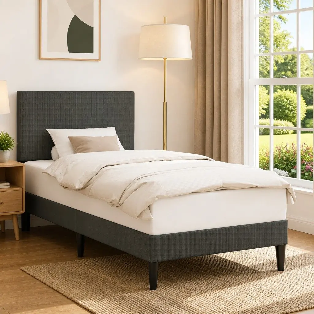Dark Grey Corduroy Bed Frame with Headboard