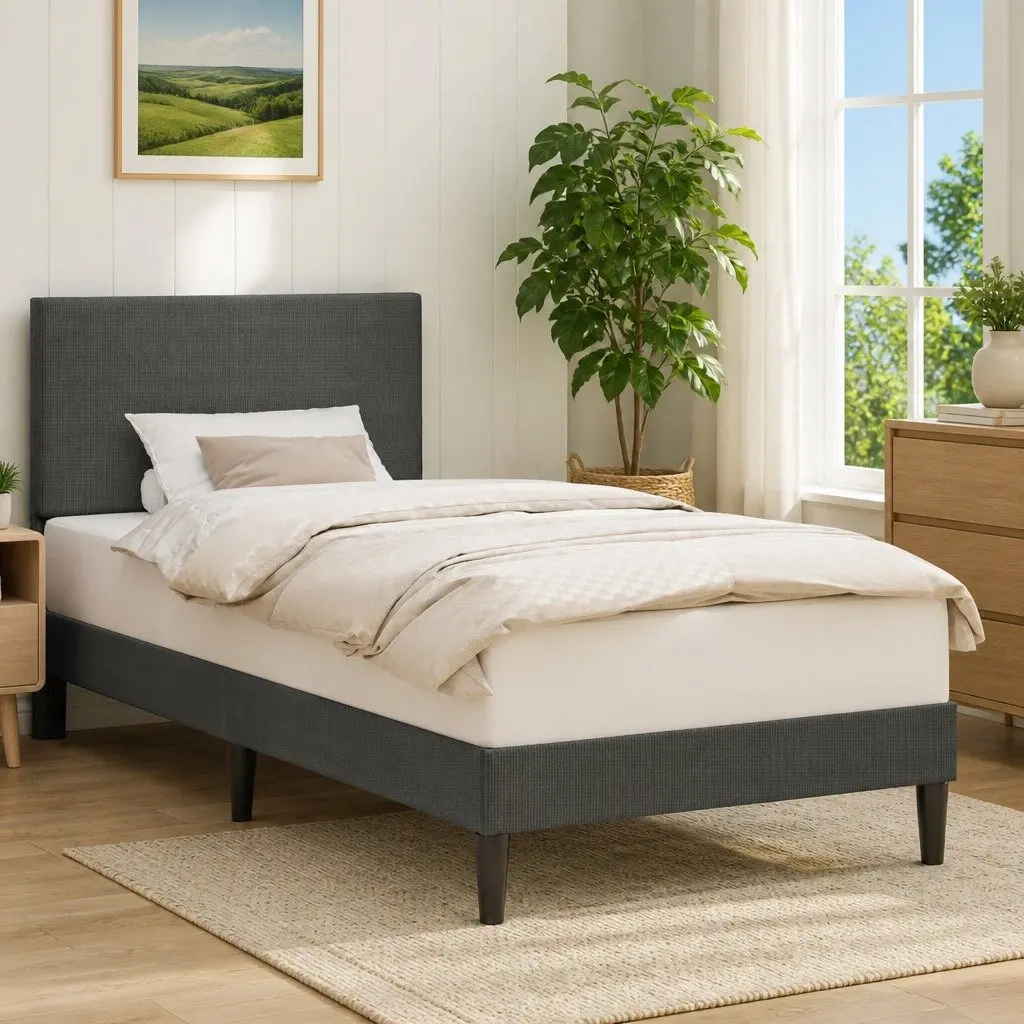 Dark Grey Corduroy Upholstered Bed Frame with Headboard