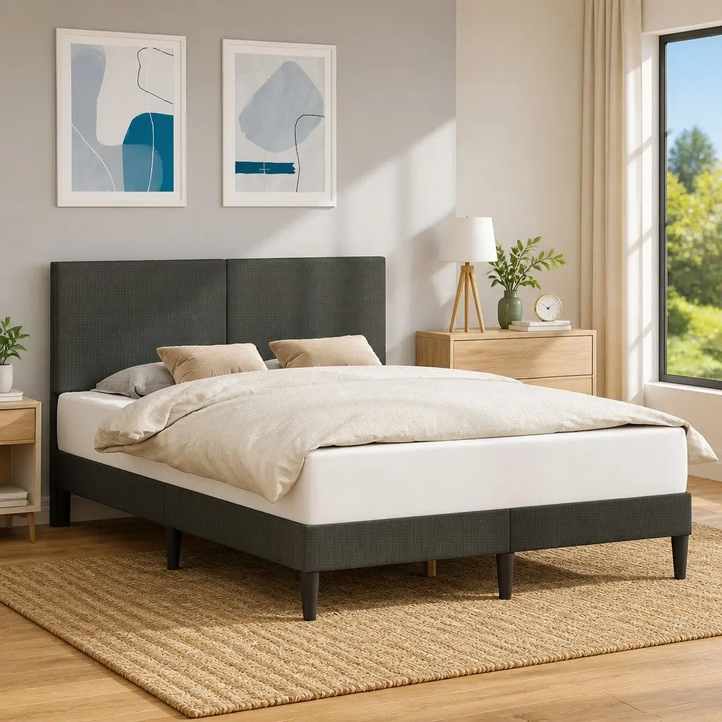 Dark Grey Corduroy Headboard Bed Frame 137 x 190 cm