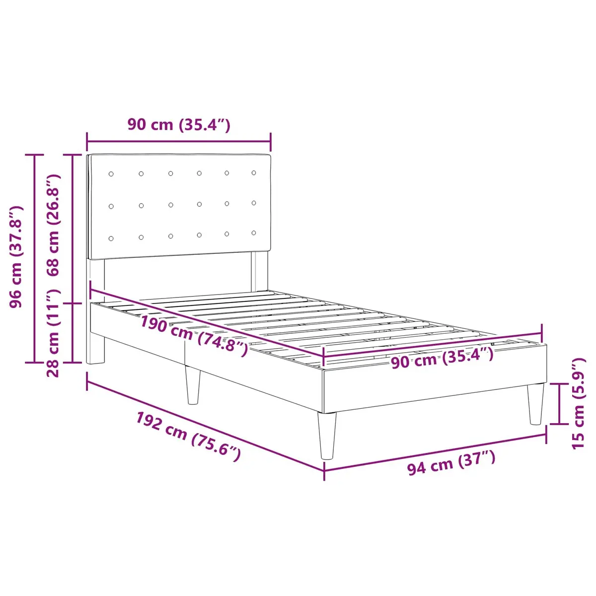 Grey Bed Frame with Headboard 90 x 190 cm