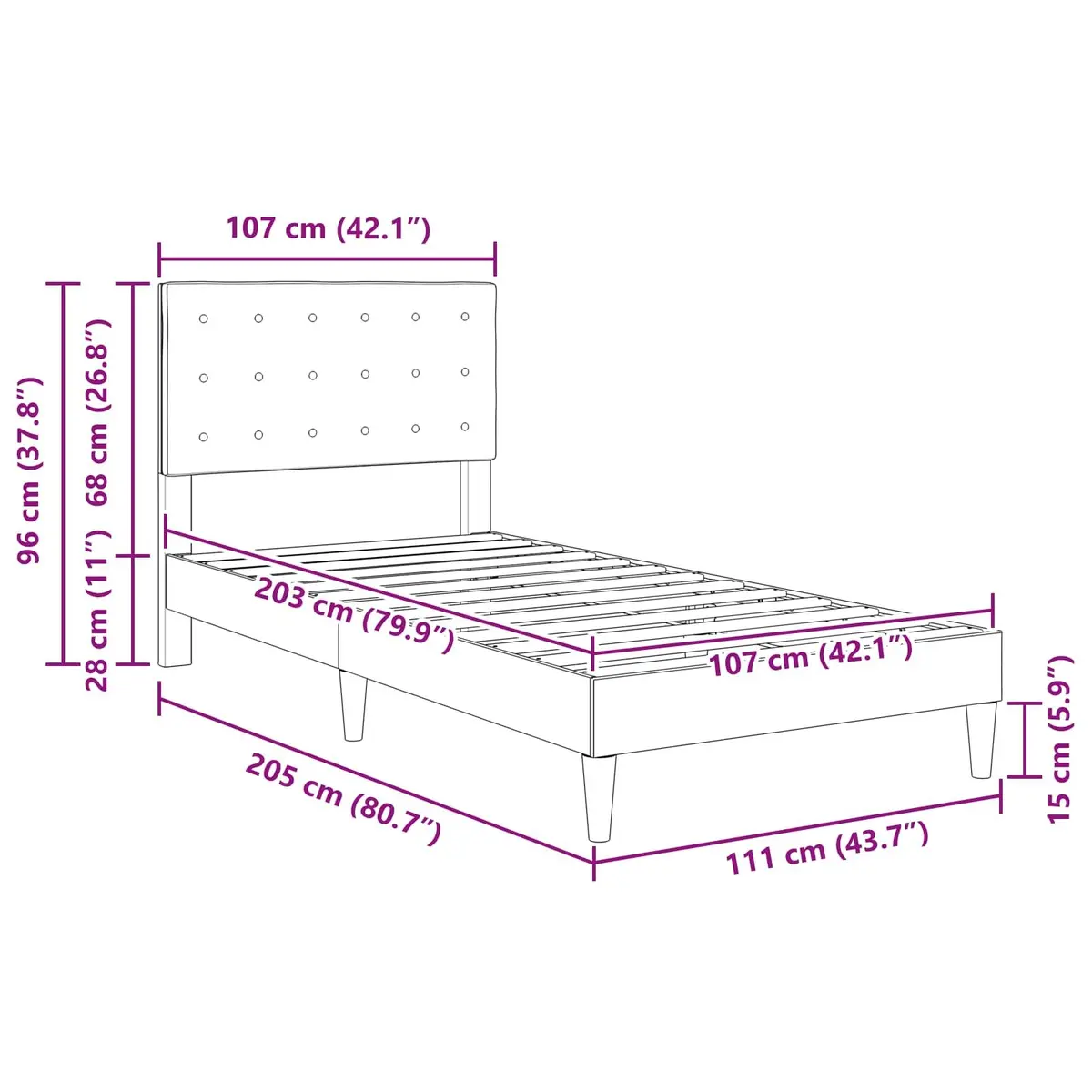 Bed Frame Fabric Headboard Dark Grey 107 x 203 cm Plywood Modern Furniture