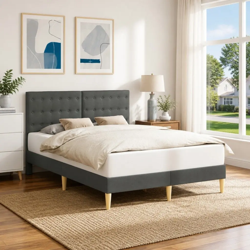 Dark Grey Bed Frame with Fabric Headboard 153 x 203 cm