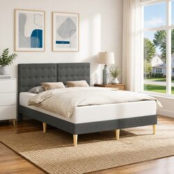 Dark Grey Bed Frame with Fabric Headboard 153 x 203 cm