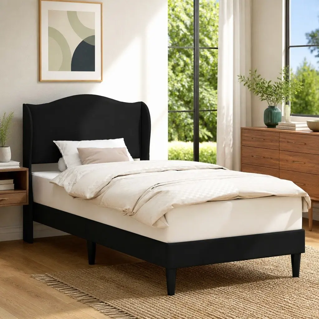 Bed Frame with Headboard Black 107 x 203 cm Modern Faux Leather Platform