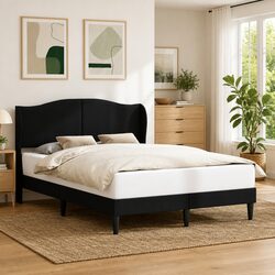 Faux Leather Bed Frame with Headboard Black 152 x 203 cm