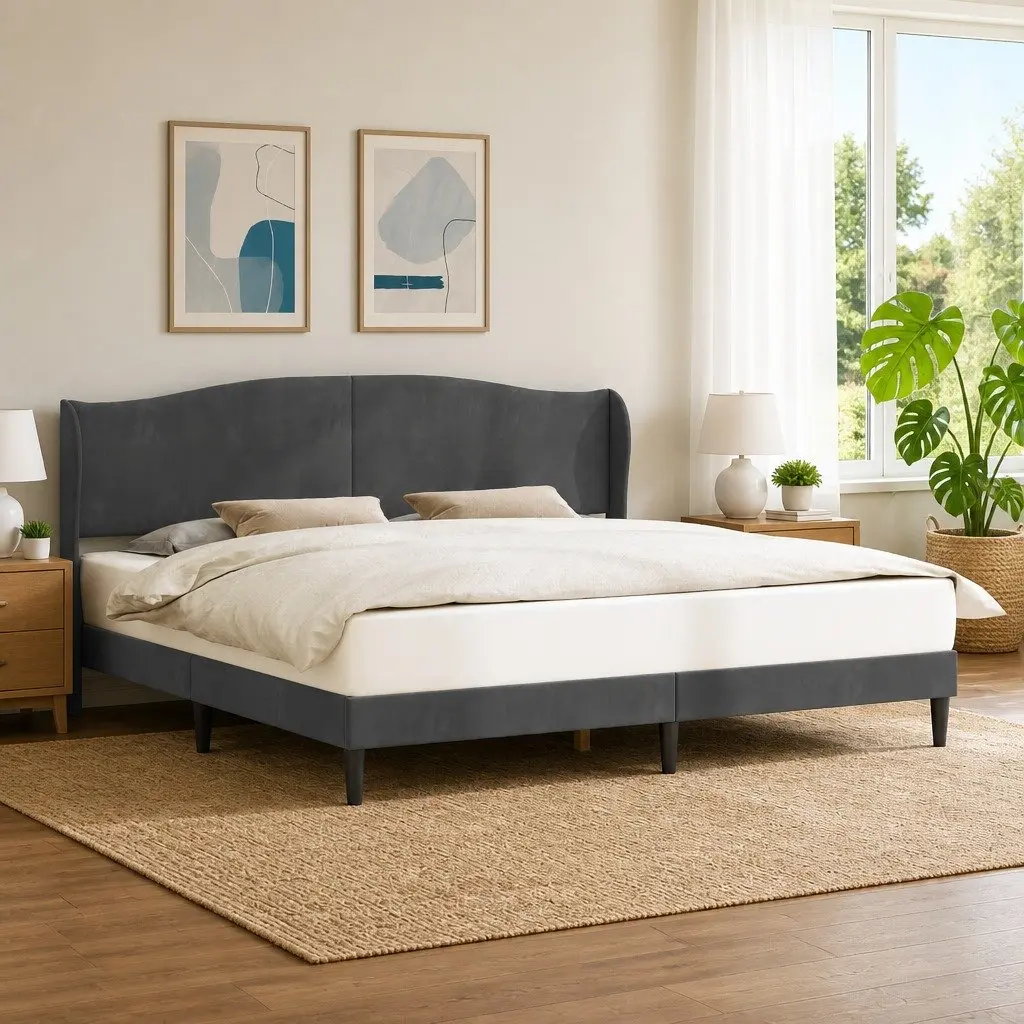 Velvet Headboard Bed Frame Dark Grey 180 x 200 cm