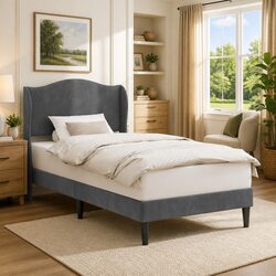 Dark Grey Velvet Bed Frame with Modern Headboard 107 x 203 cm
