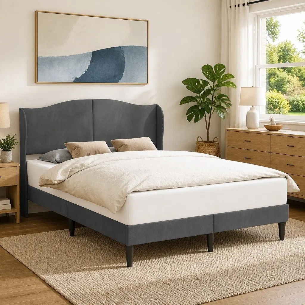 Velvet Headboard Bed Frame Dark Grey 137 x 190 cm
