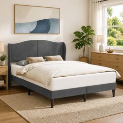 Velvet Headboard Bed Frame Dark Grey 137 x 190 cm