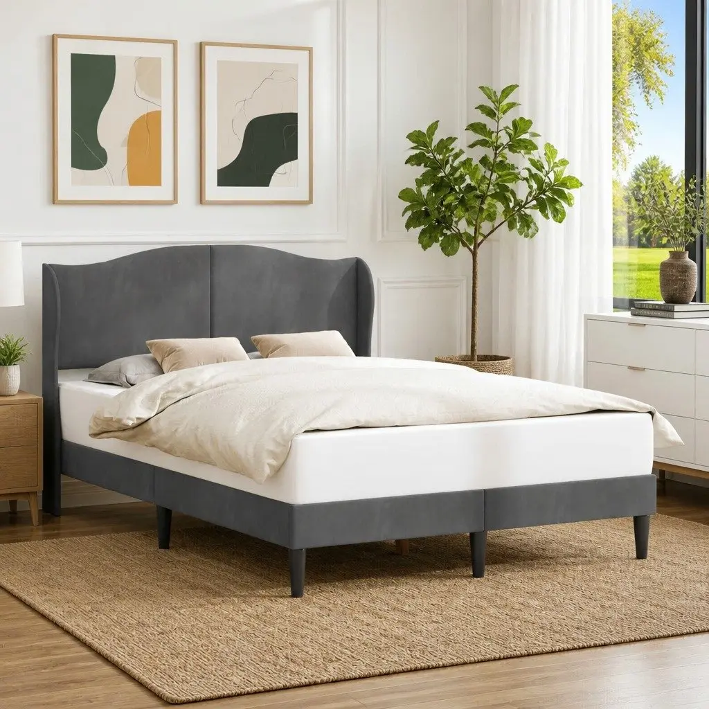 Velvet Headboard Bed Frame in Dark Grey