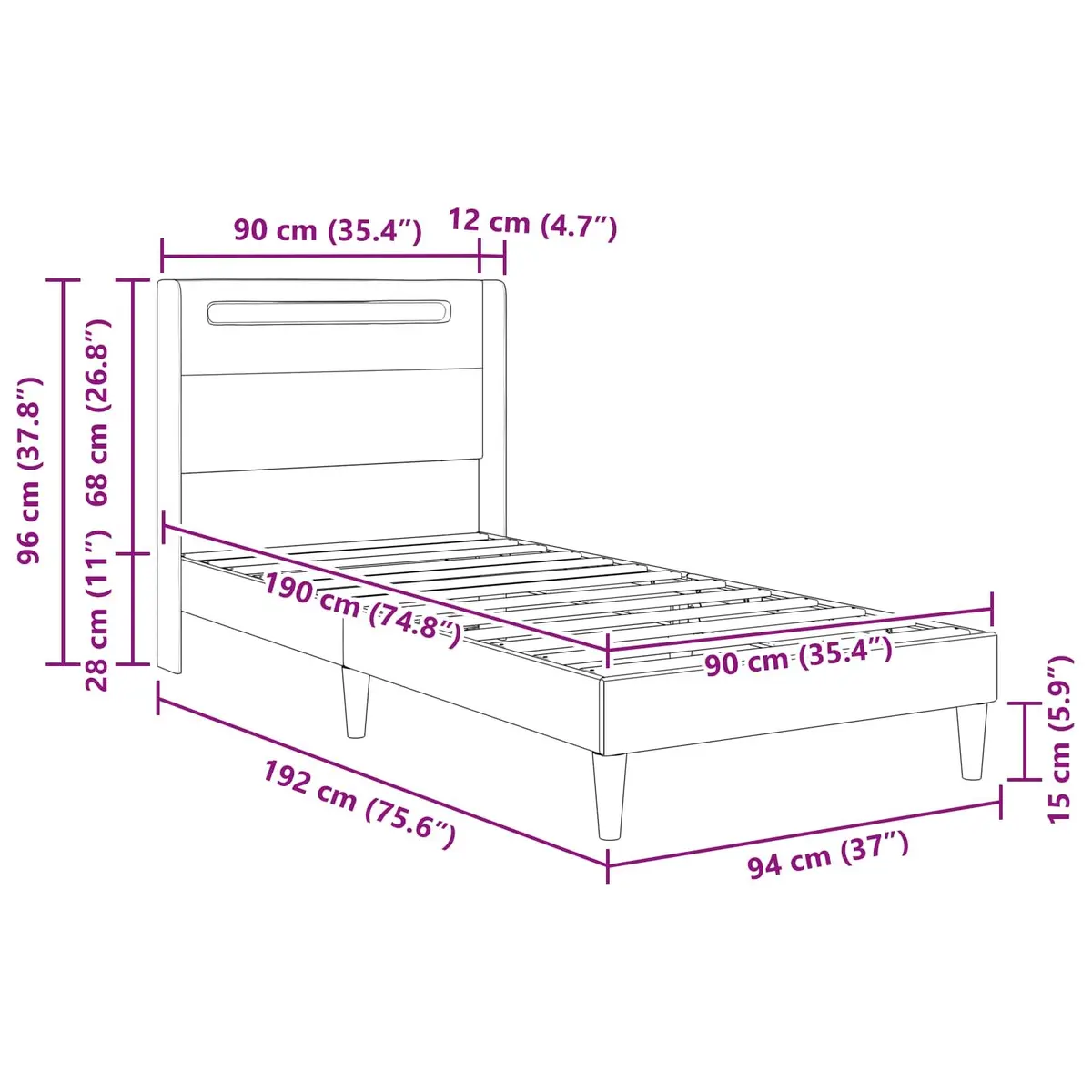Black Bed Frame with LED Strip Lights 90 x 190 cm