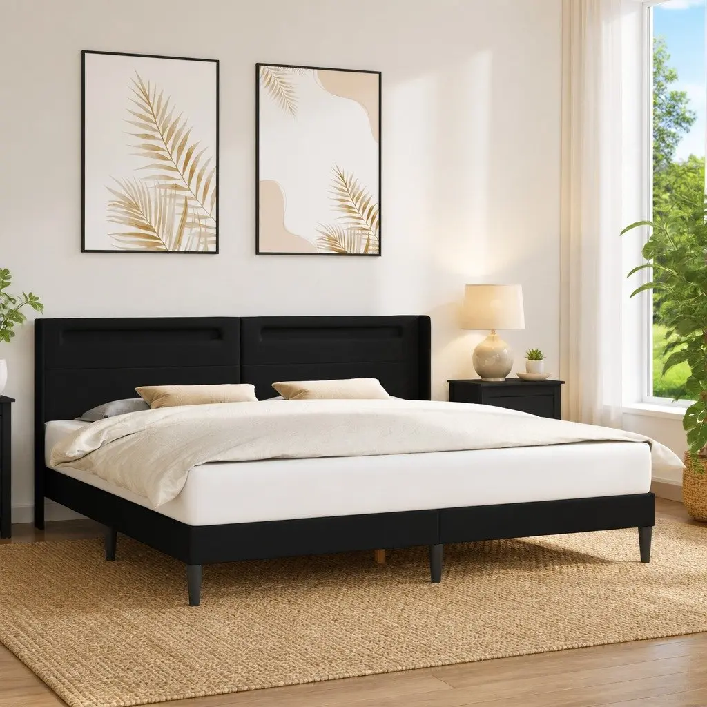 Modern Bed Frame with Multicolour LED Strip Lights Black Faux Leather 180x200cm