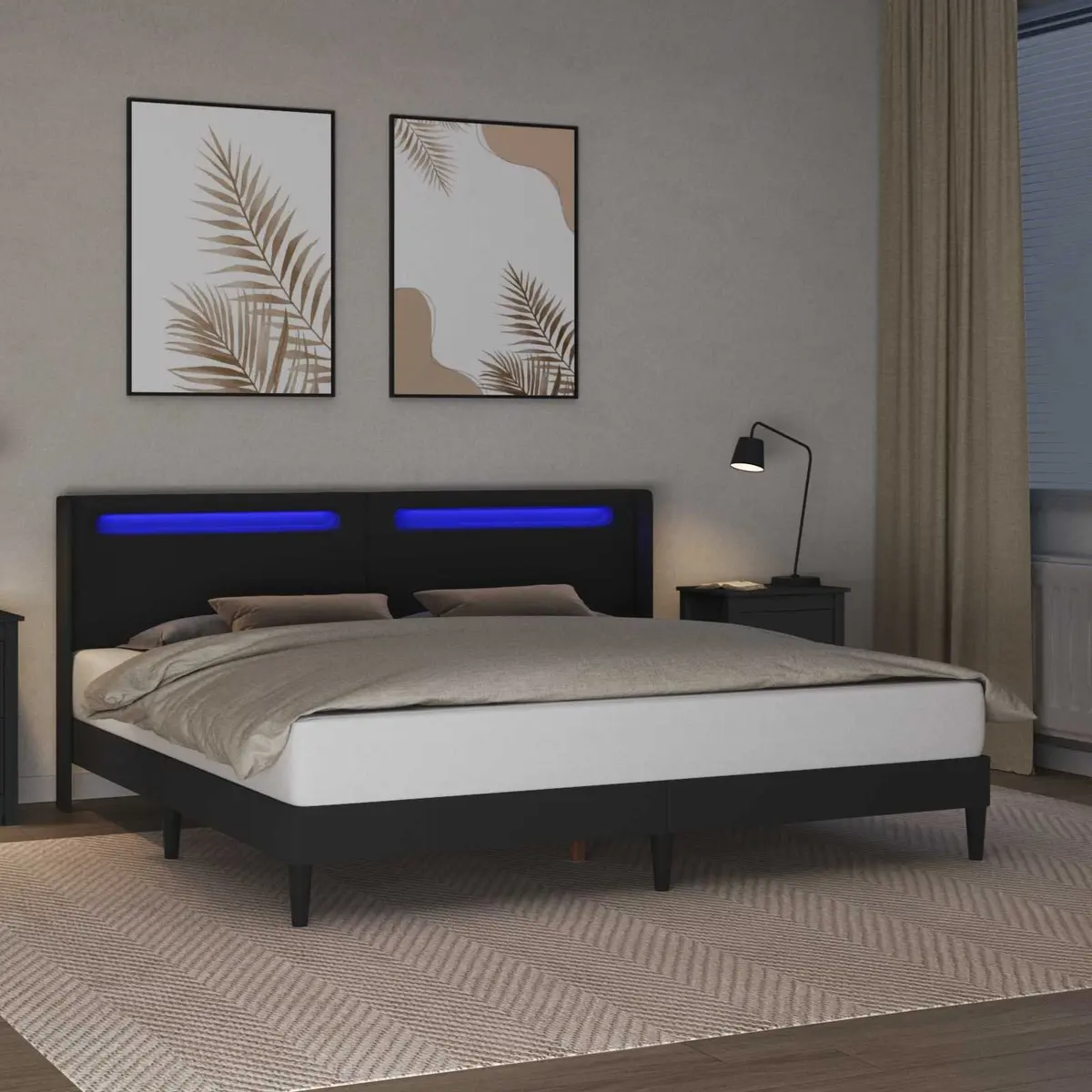 Modern Bed Frame with Multicolour LED Strip Lights Black Faux Leather 180x200cm
