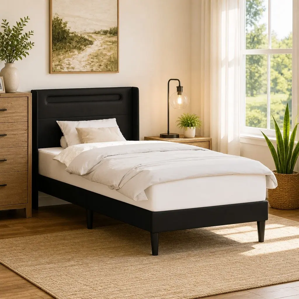 Faux Leather Bed Frame with LED Strip Lighting