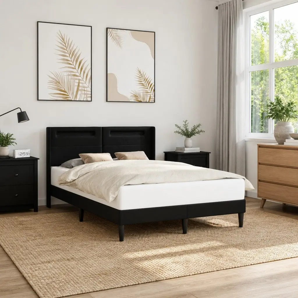 Faux Leather Black Bed Frame with Integrated Multicolour LED Lights 153 x 203 cm