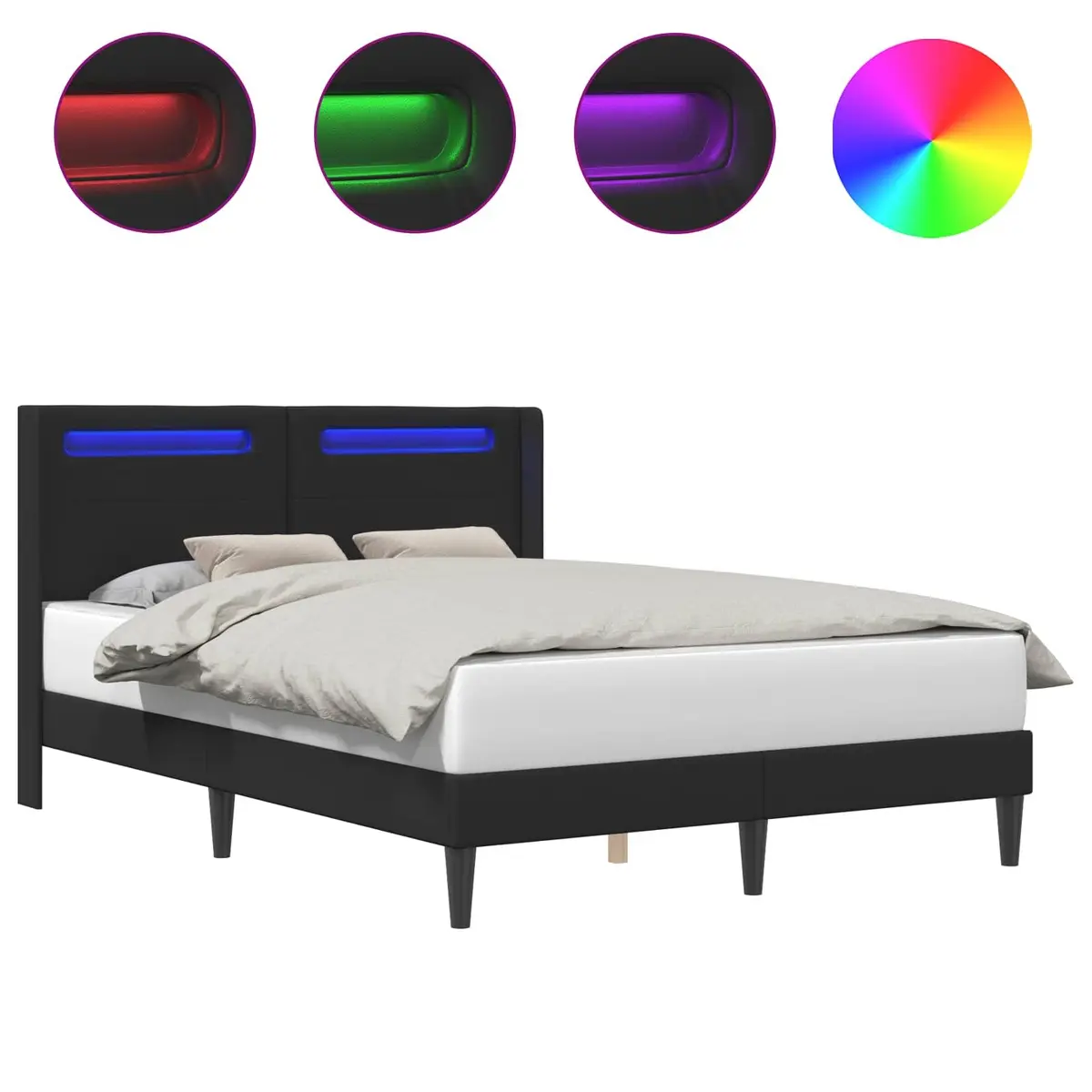 Faux Leather Black Bed Frame with Integrated Multicolour LED Lights 153 x 203 cm