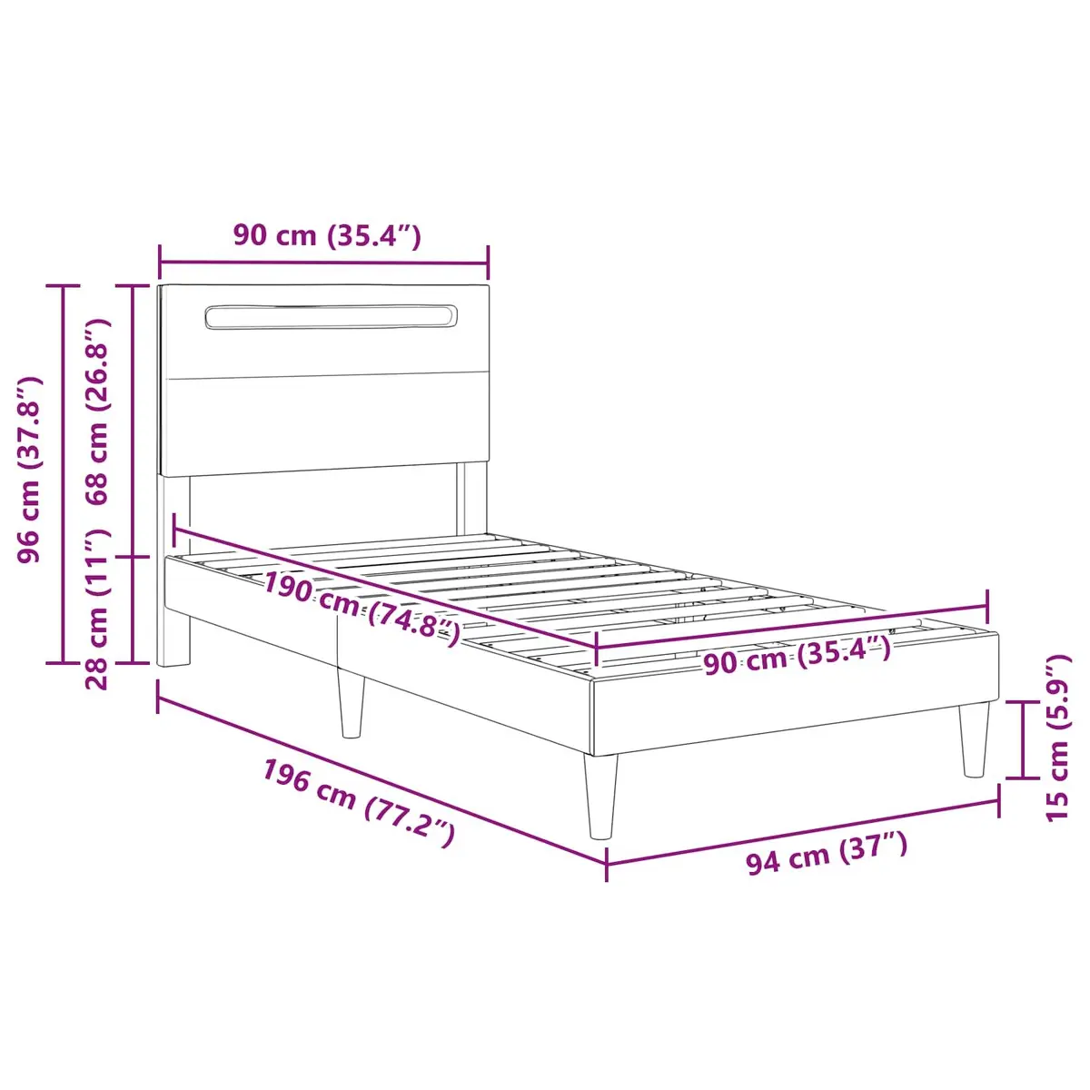 LED Strip Light Bed Frame Black 90 x 190 cm Faux Leather