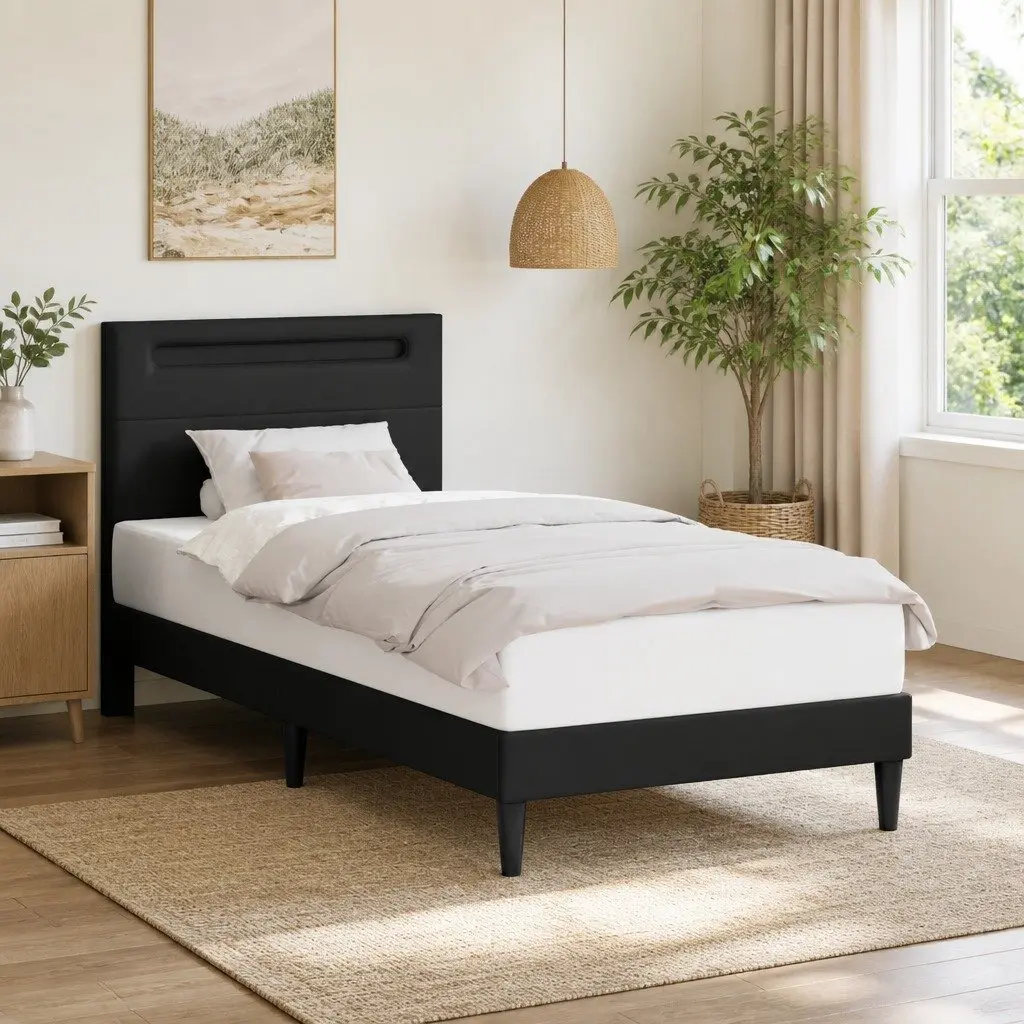 Black Bed Frame Modern Faux Leather 107 x 203 cm with Integrated LED Strip Lights