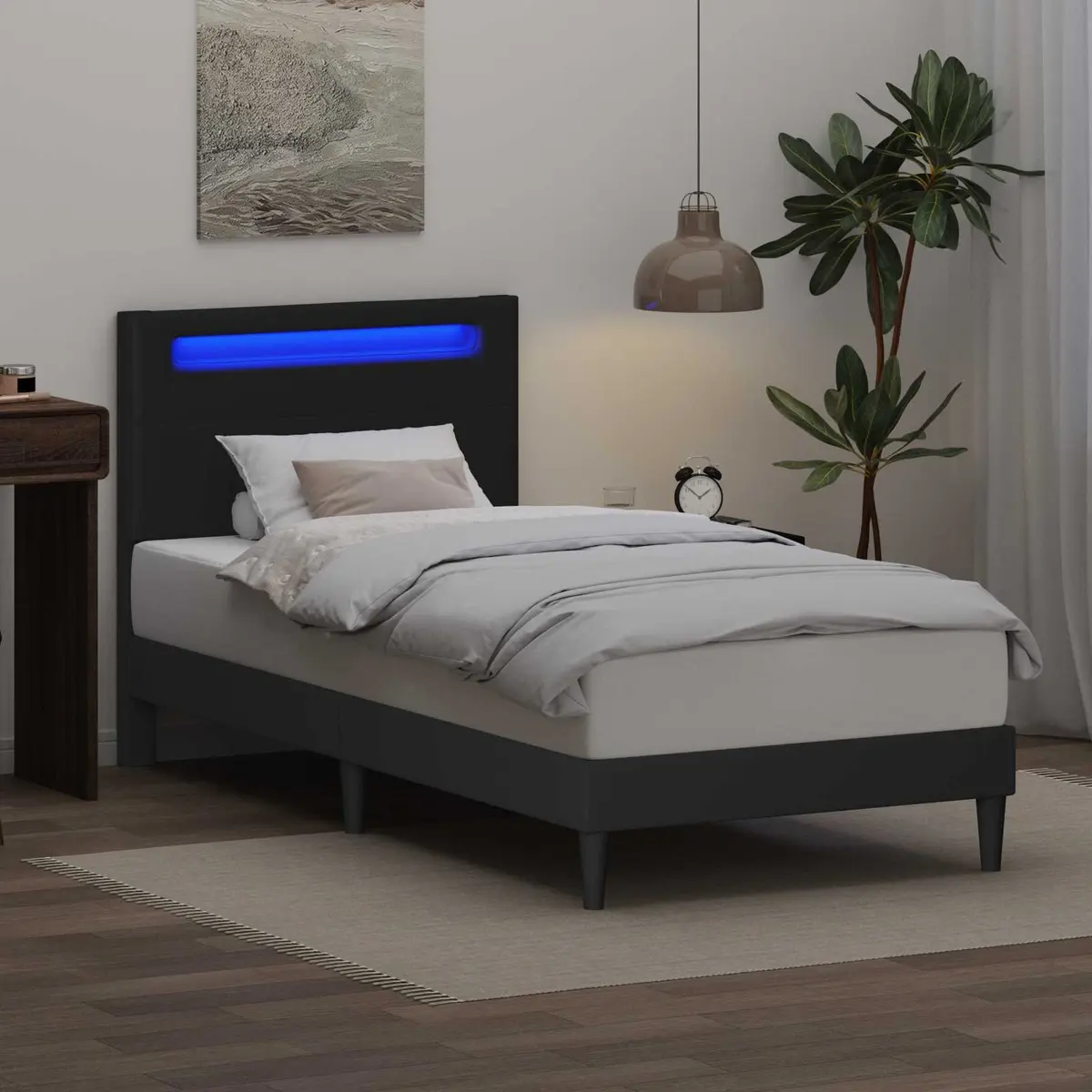 Black Bed Frame Modern Faux Leather 107 x 203 cm with Integrated LED Strip Lights