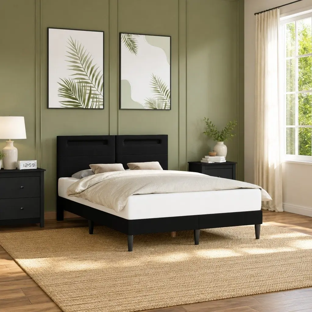 Black Faux Leather Bed Frame with LED Strip Lights