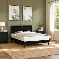 Black Faux Leather Bed Frame with LED Strip Lights