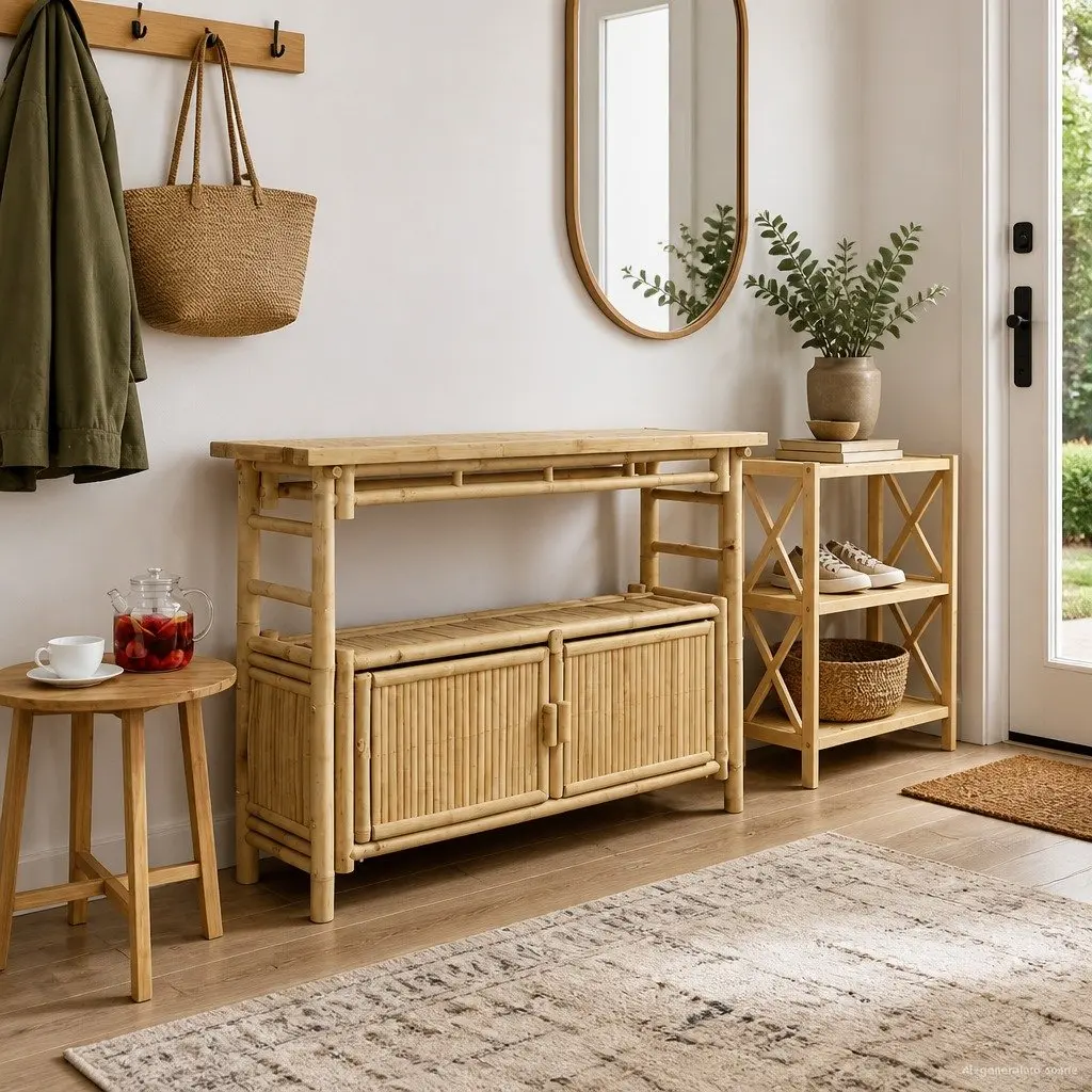 Console Table with Shelf Brown Modern Accent Table Living Room Entryway Bamboo