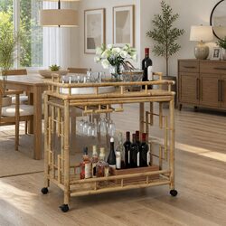Bamboo Wine Trolley with Wheels for Kitchen and Dining