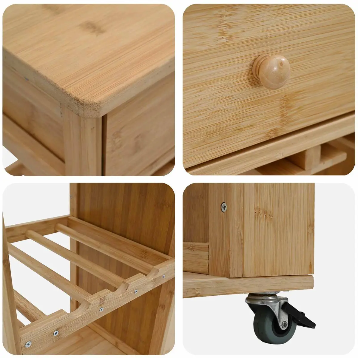 Kitchen Trolley with Wheels 3-Tier Storage Bamboo Dining Room Serving Cart