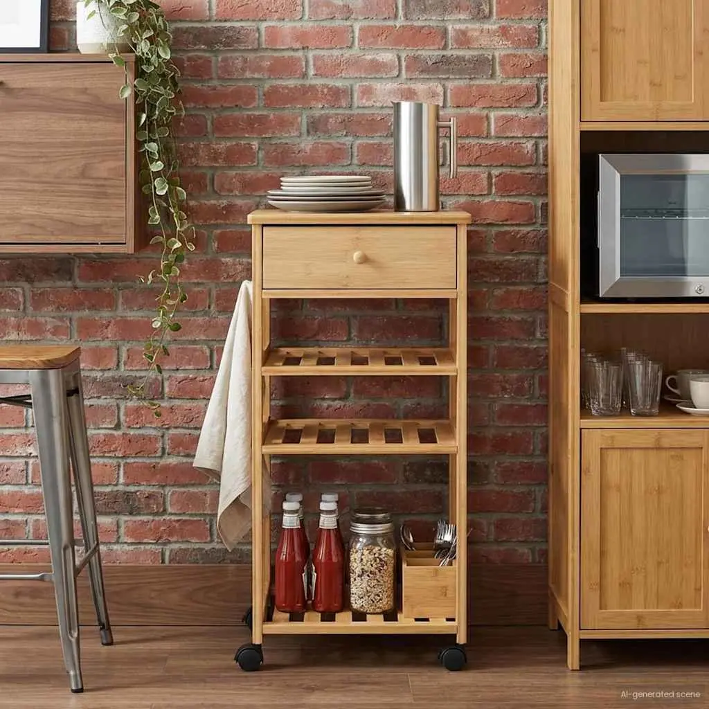 Bamboo Kitchen Trolley with Wheels 3-Tier Storage Cart