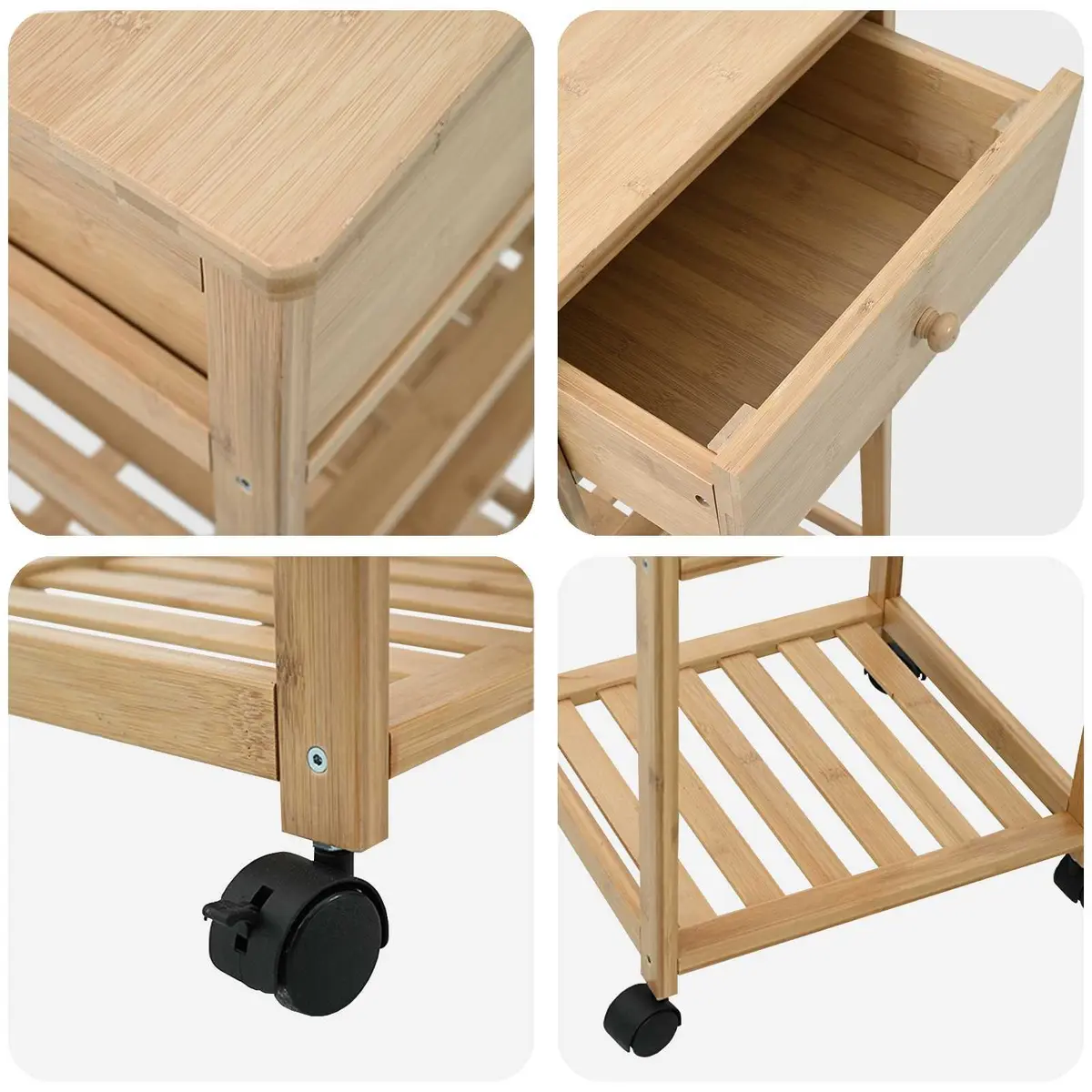 Bamboo Kitchen Trolley with Wheels 3-Tier Storage Cart
