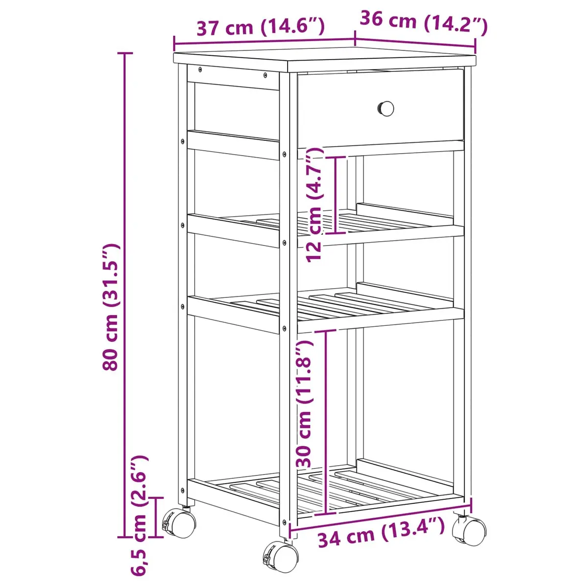 Bamboo Kitchen Trolley with Wheels 3-Tier Storage Cart
