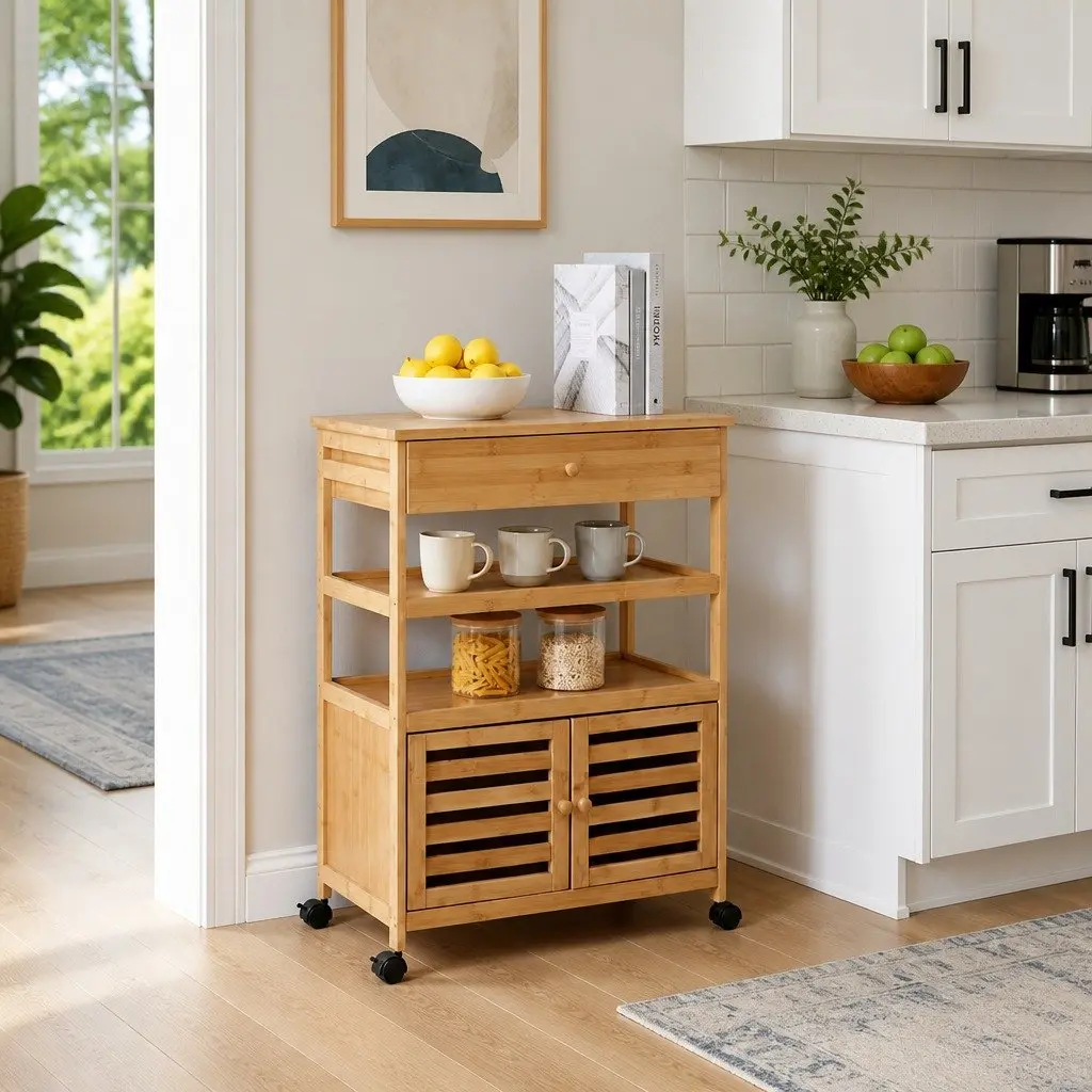 Bamboo Kitchen Trolley with Wheels for Easy Storage