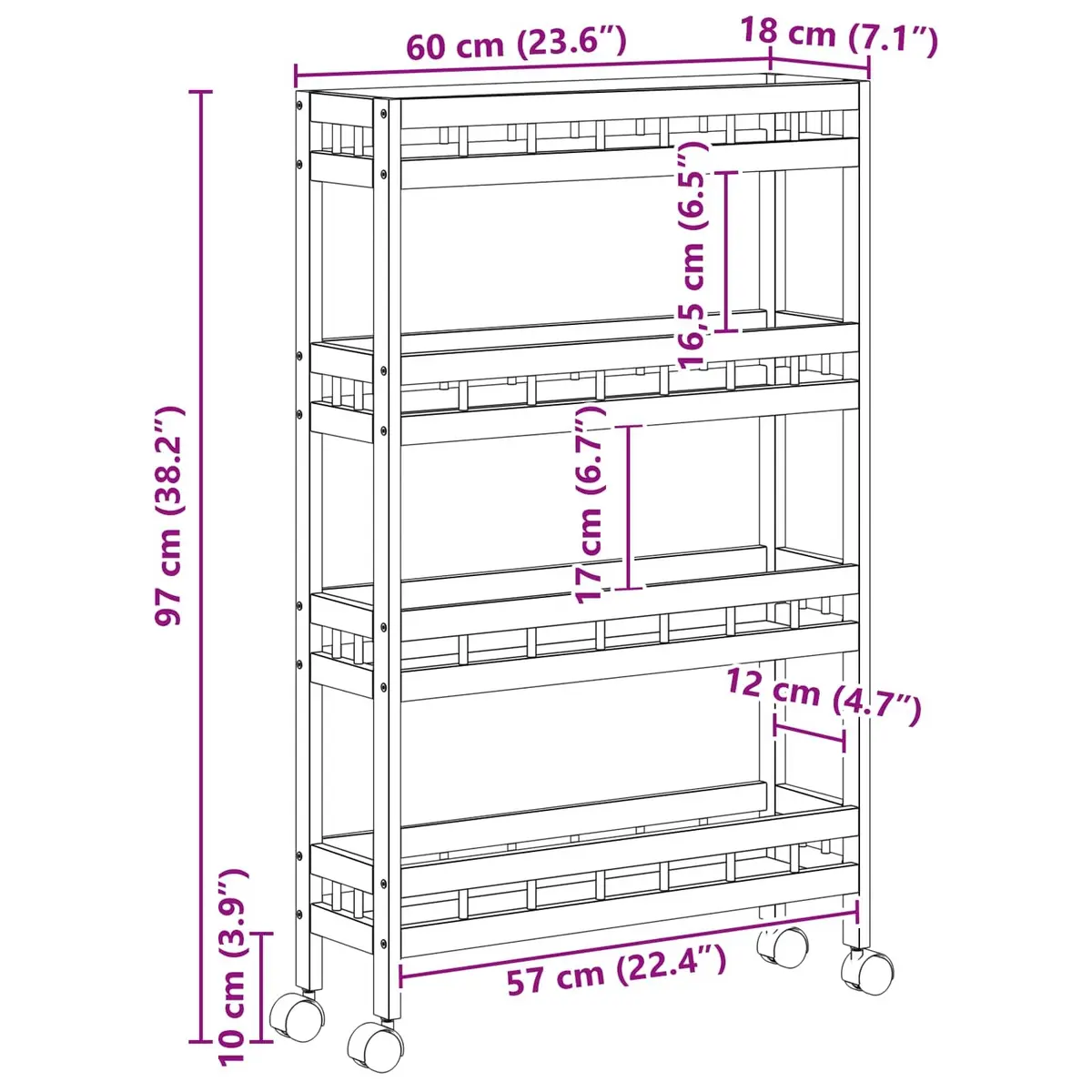 Kitchen Trolley with Wheels 60x18x97cm