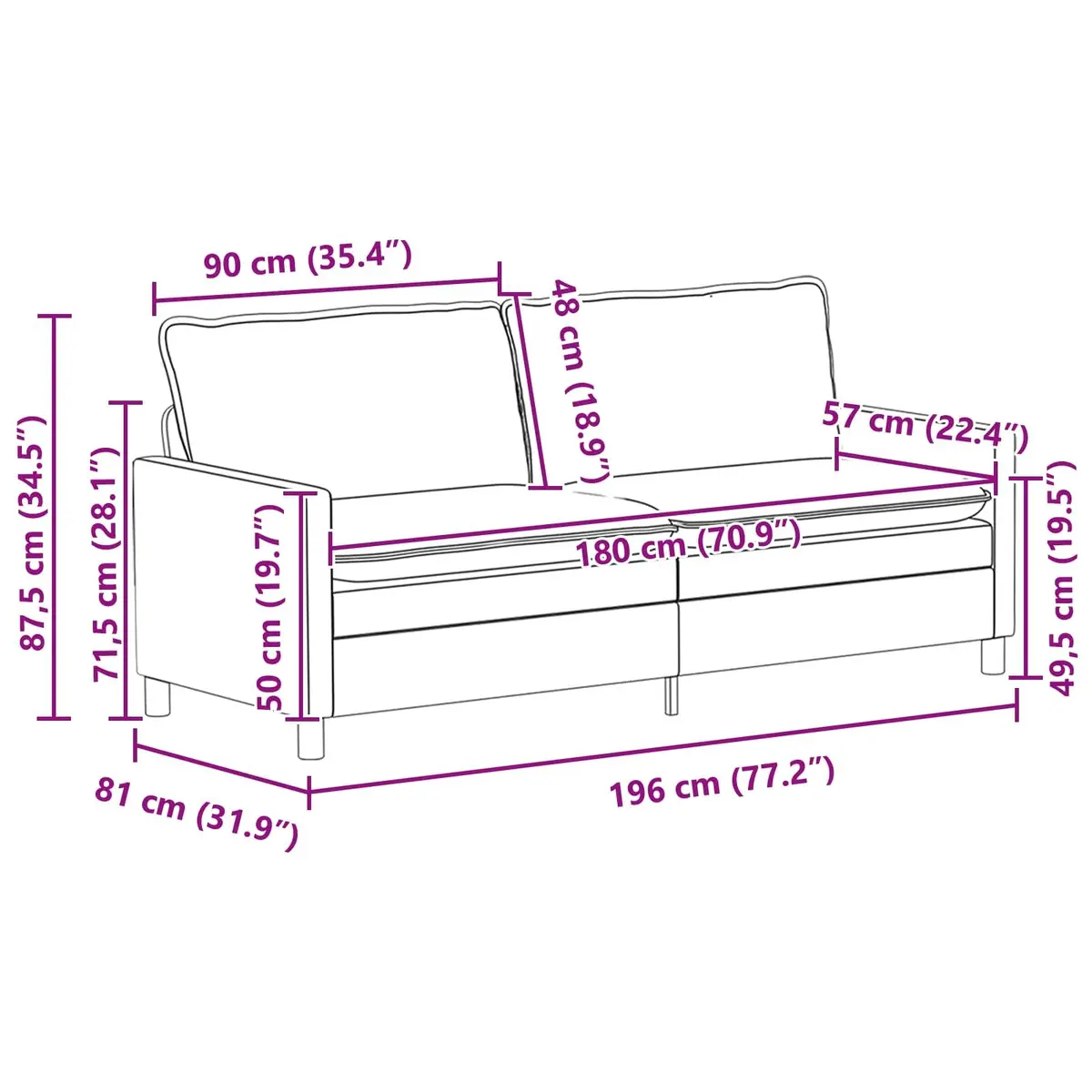 Dark Grey Fabric Sofa Modern Style 196cm Metal Frame