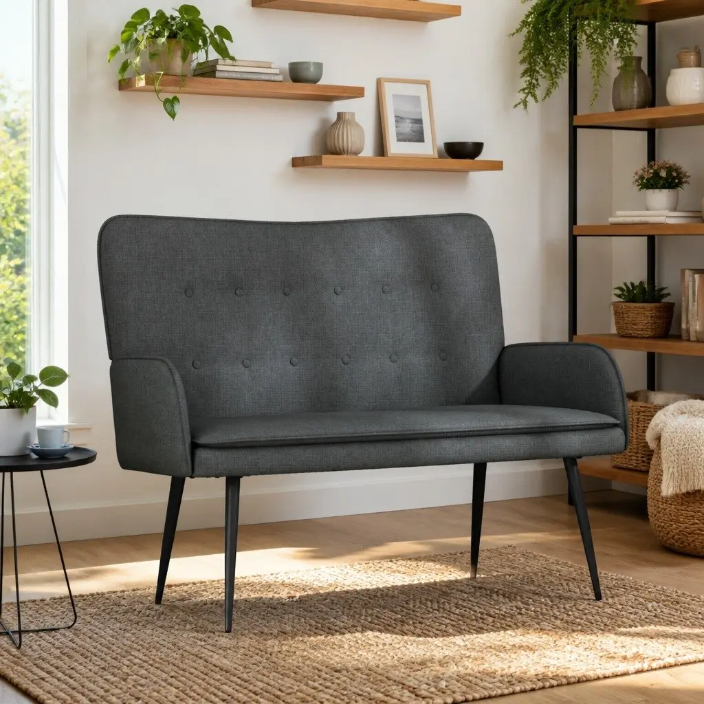 Grey Fabric 2-Seater Sofa with Button-Tufted Back