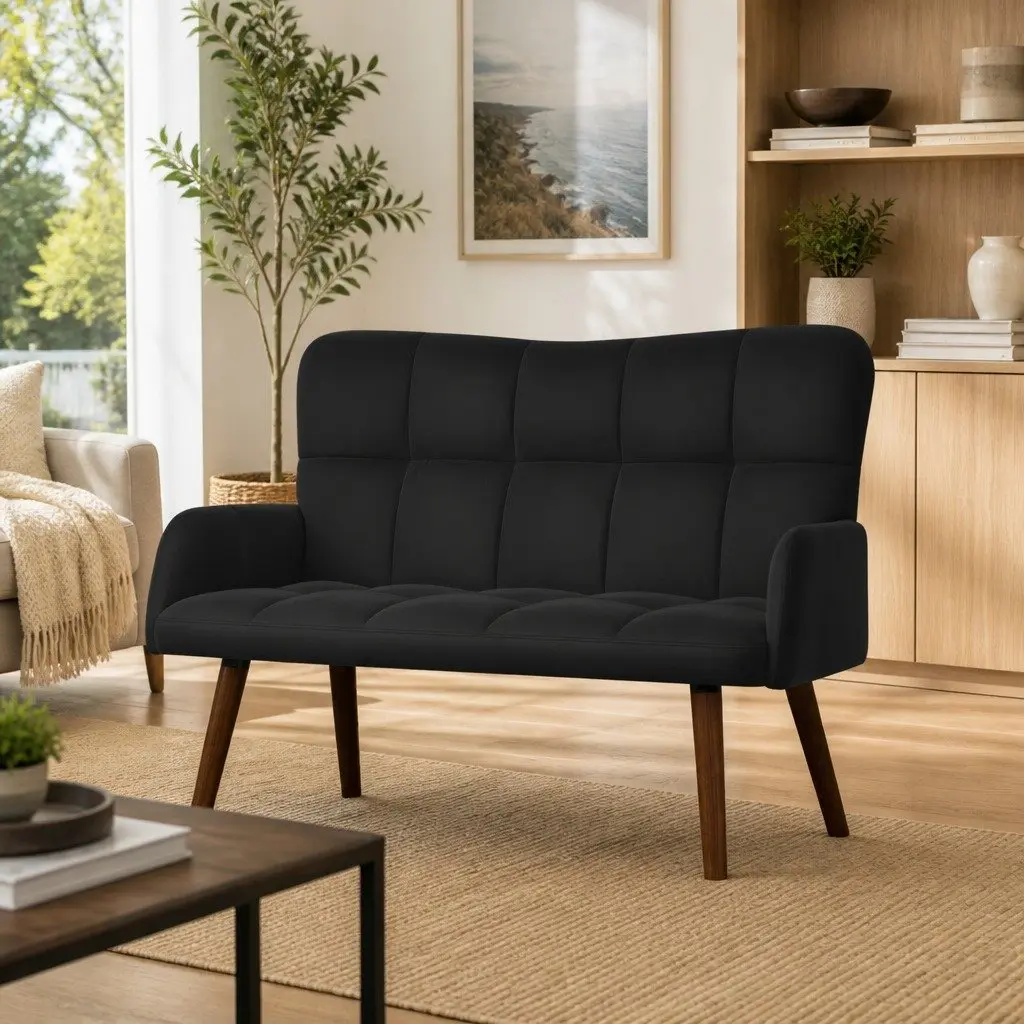 Black Velvet 2-Seater Sofa for Living Room or Bedroom