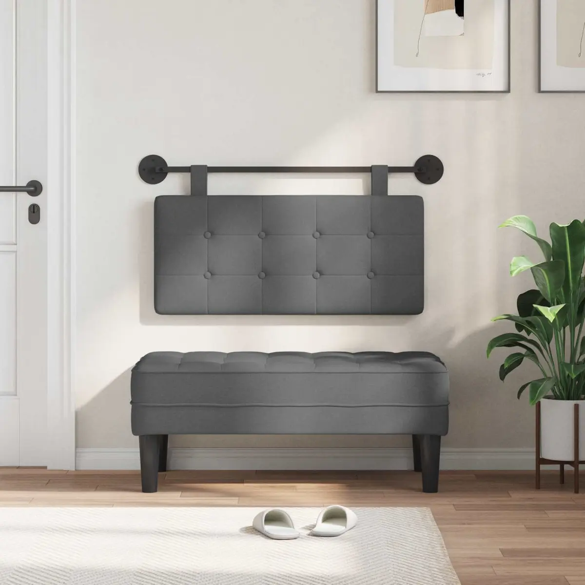 Upholstered Wall Mount Headboard Dark Grey Fabric Modern Bedroom Decor