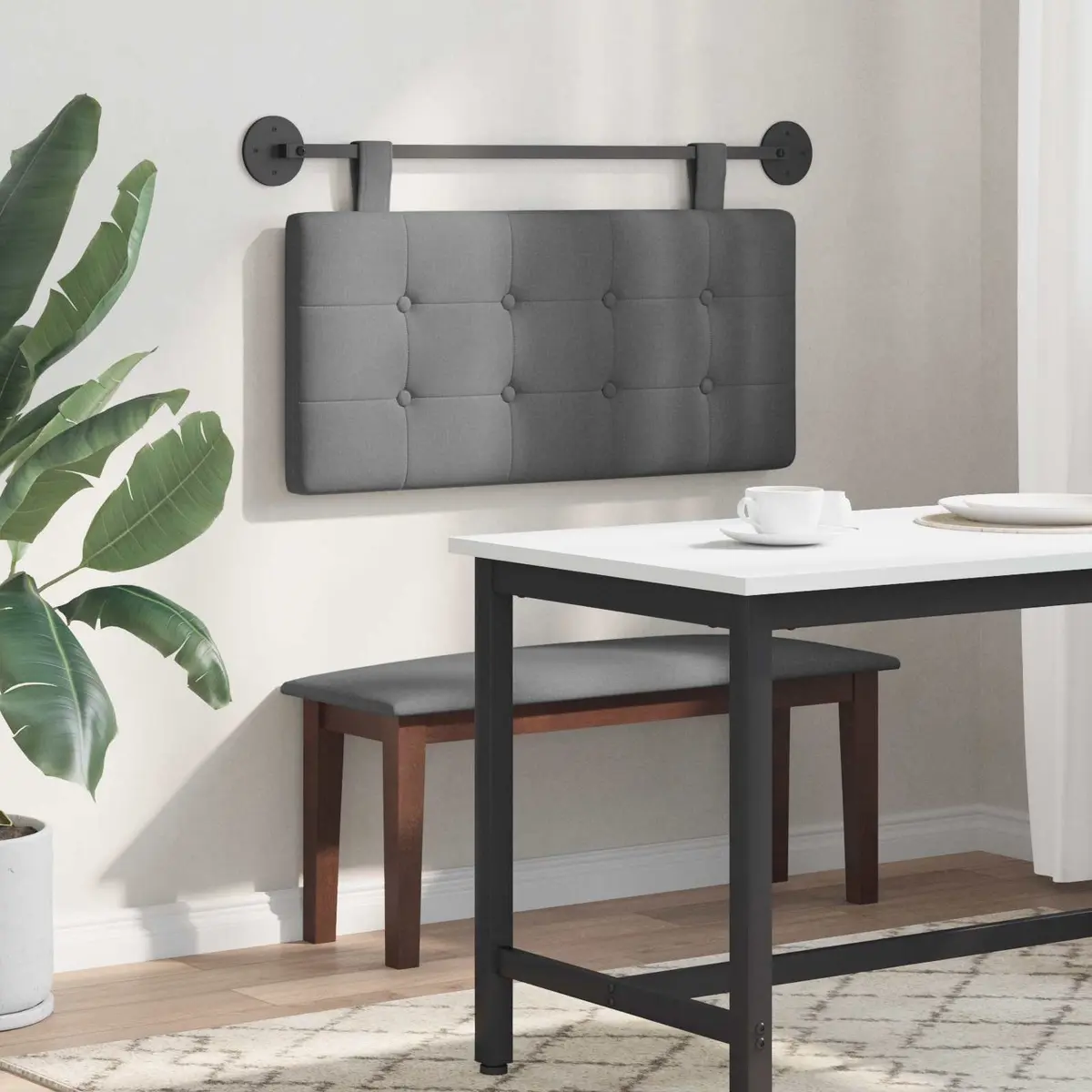 Upholstered Wall Mount Headboard Dark Grey Fabric Modern Bedroom Decor