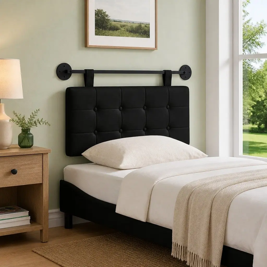 Hanging Headboard Modern Black Faux Leather Wall-mounted Size Foam Padding