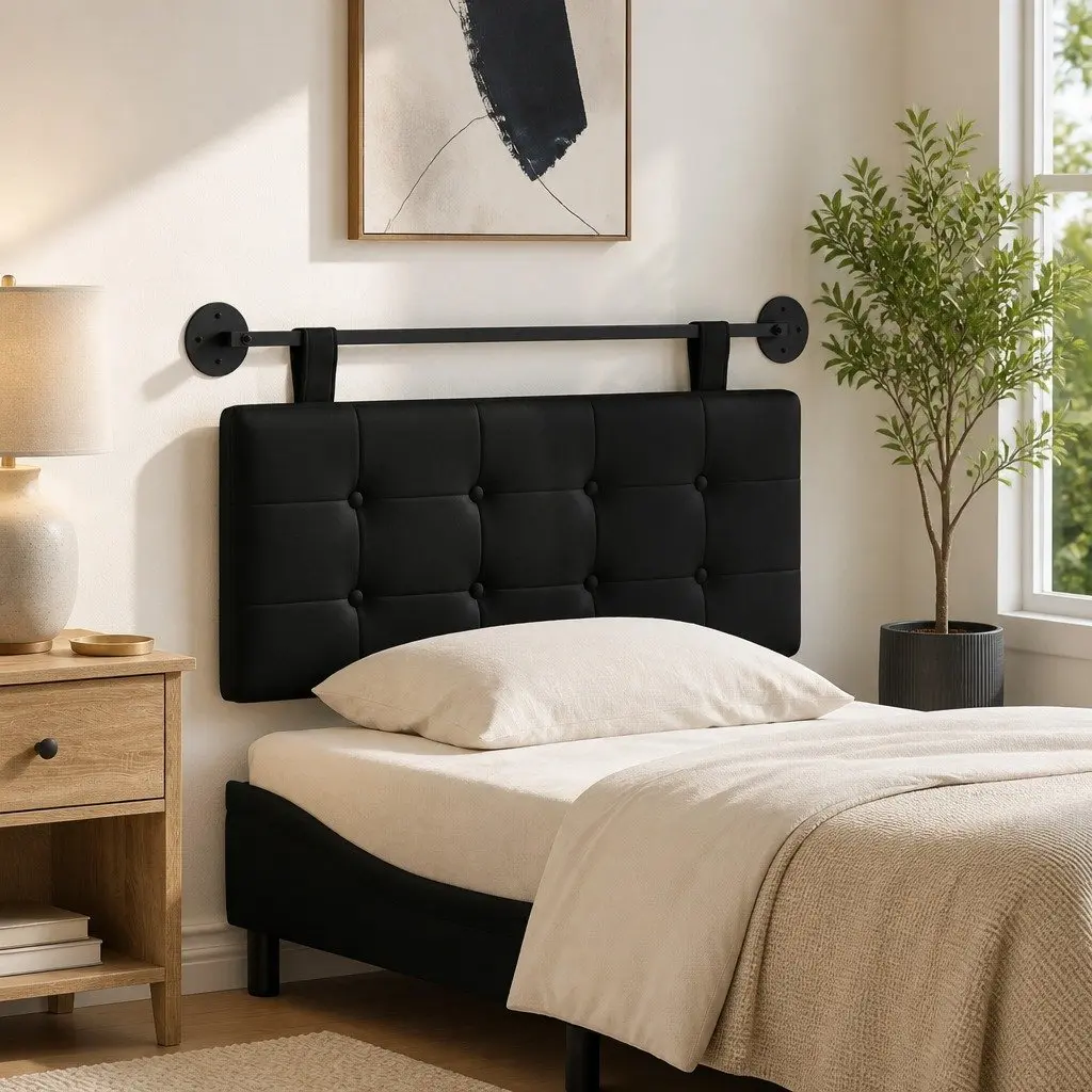Hanging Headboard Black Modern Wall-Mounted Upholstered Backrest Size Soft Breathable PVC Cotton Polyester Foam Padding