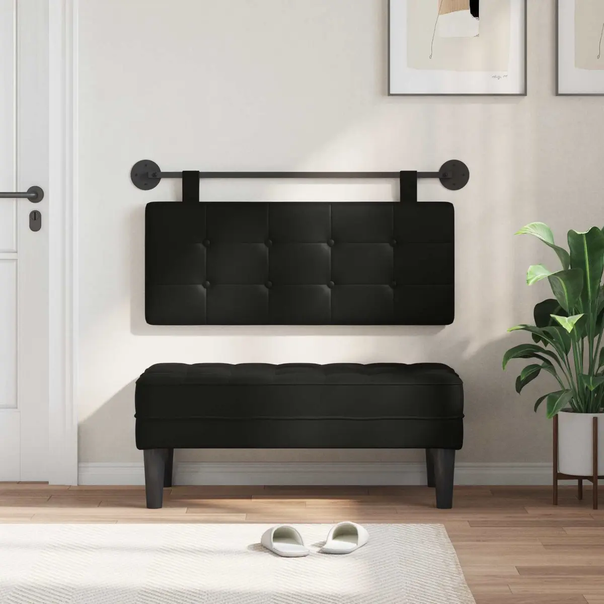 Hanging Headboard Black Modern Wall-Mounted Upholstered Backrest Size Soft Breathable PVC Cotton Polyester Foam Padding