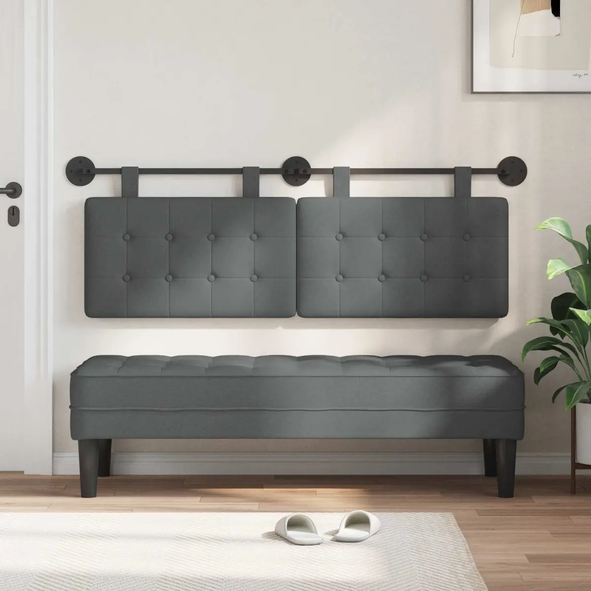 Hanging Headboard Grey Fabric Wall Mount Bedroom Upholstered Modern Decor