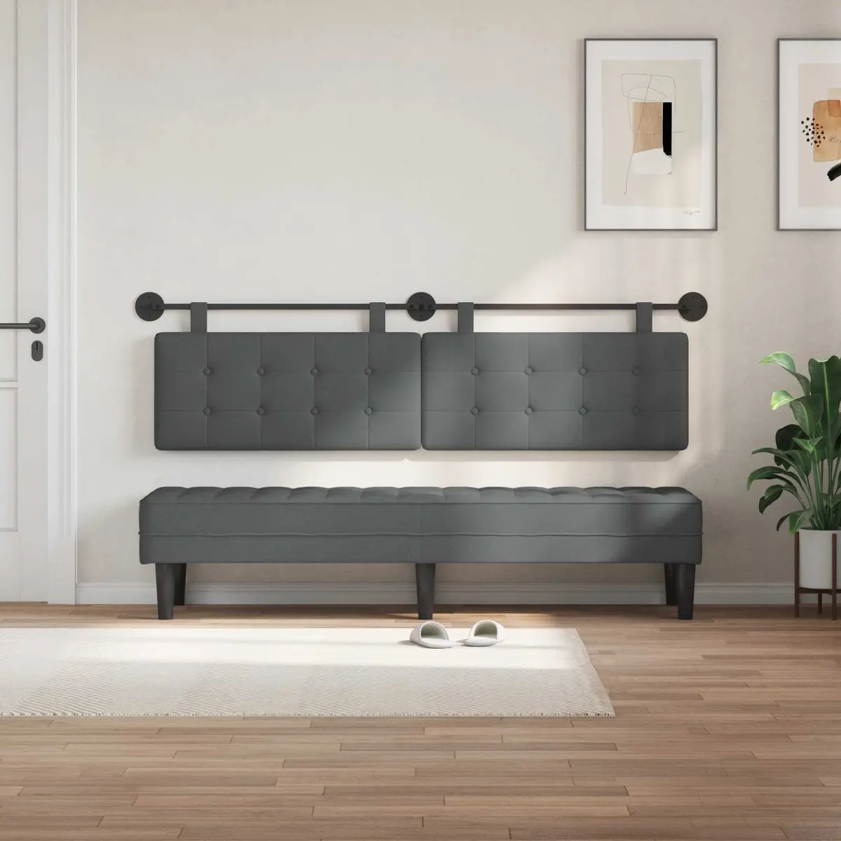 Wall-Mounted Hanging Headboard in Grey Fabric