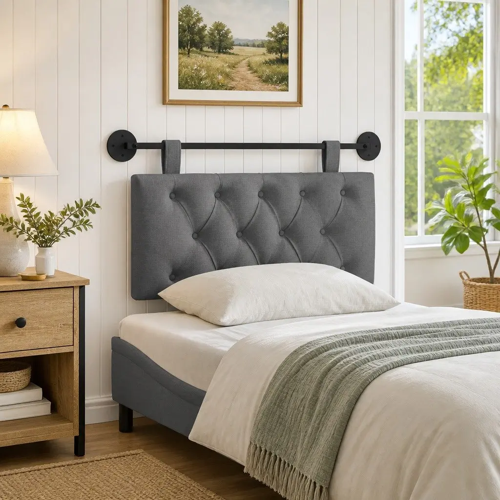 Hanging Headboard Wall-Mounted Grey Fabric Upholstered Soft-Touch Engineered Wood