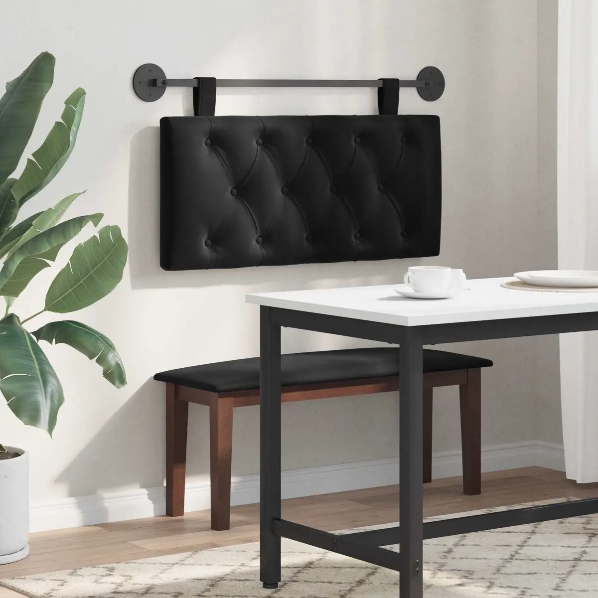 Hanging Headboard Modern Black Velvet Button Tufted Wall Mount with LED Light