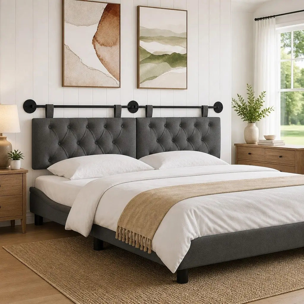 Wall-Mounted Grey Fabric Upholstered Headboard