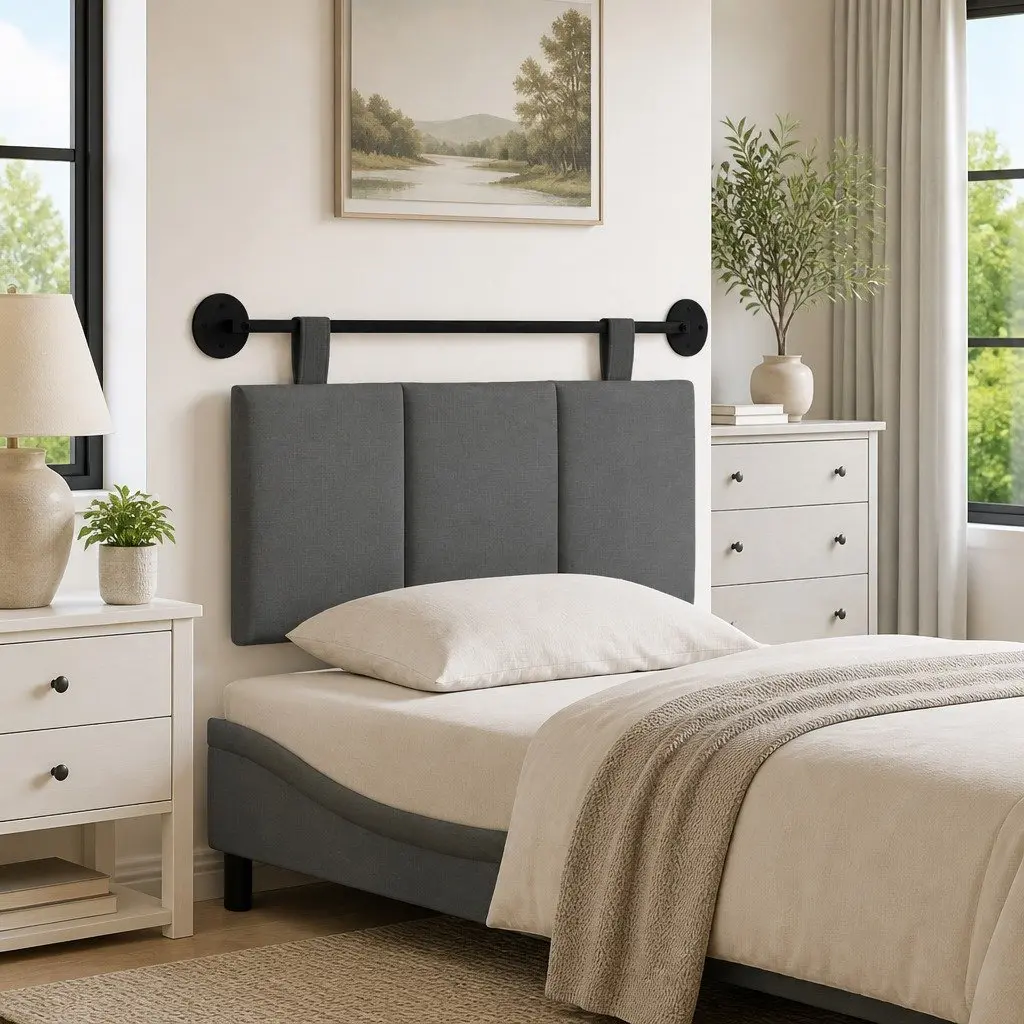 Hanging Headboard Modern Grey Fabric Wall Mounted Upholstered Bedroom Furniture