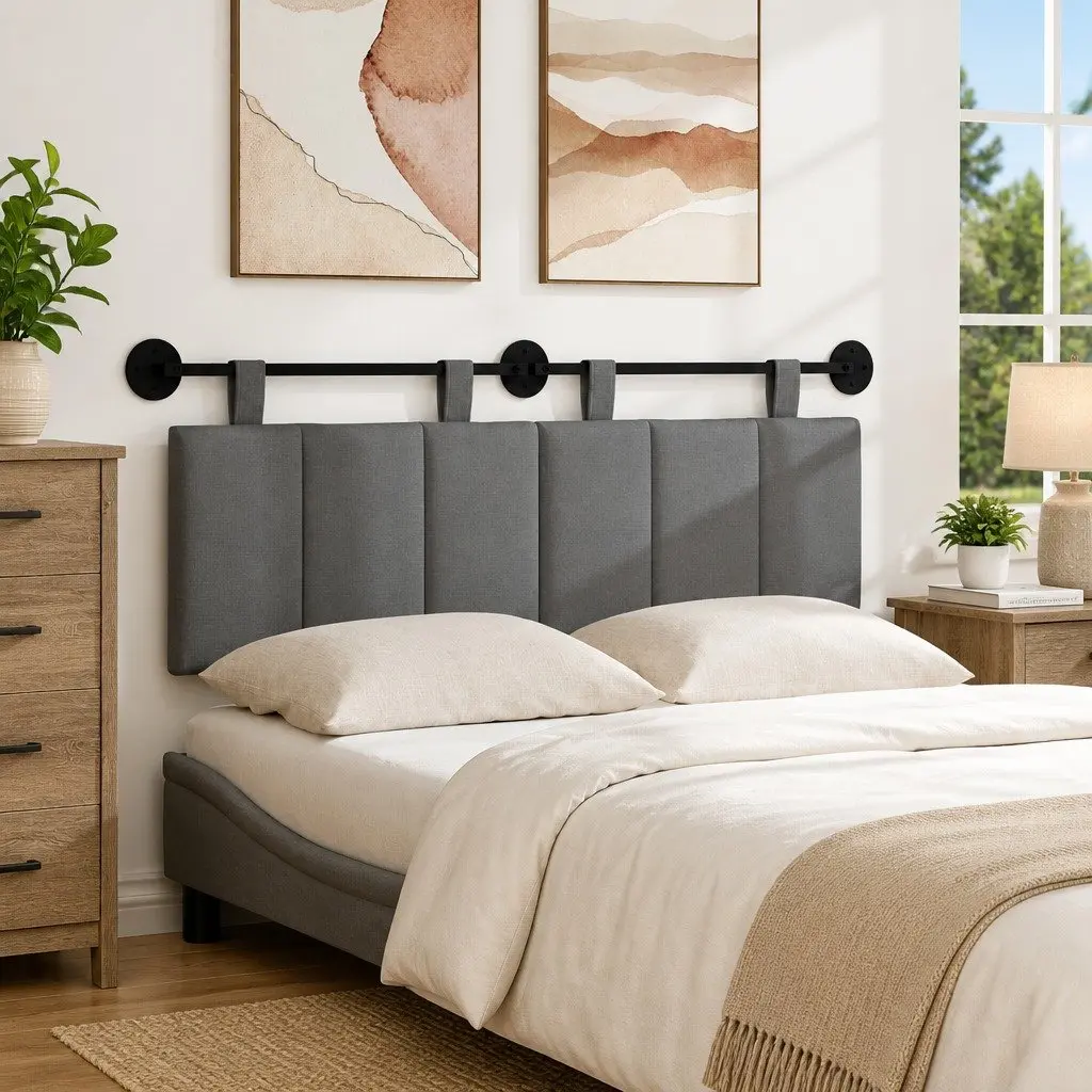 Upholstered Dark Grey Fabric Hanging Headboard