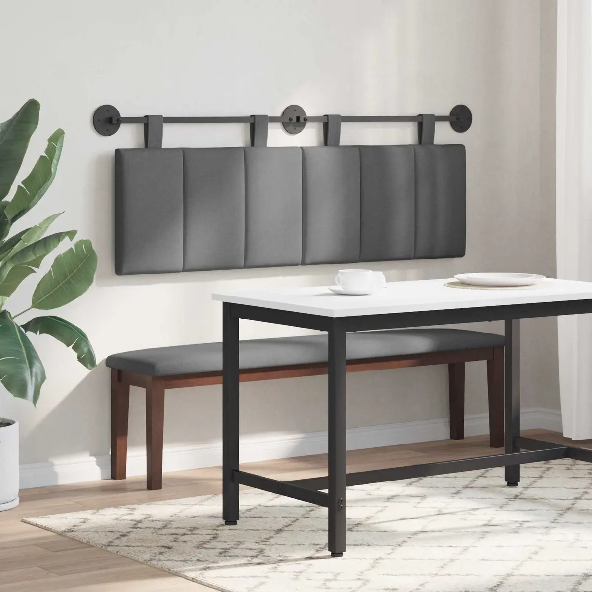 Hanging Headboard Wall-Mounted Upholstered Bed Grey Fabric Bedroom Furniture
